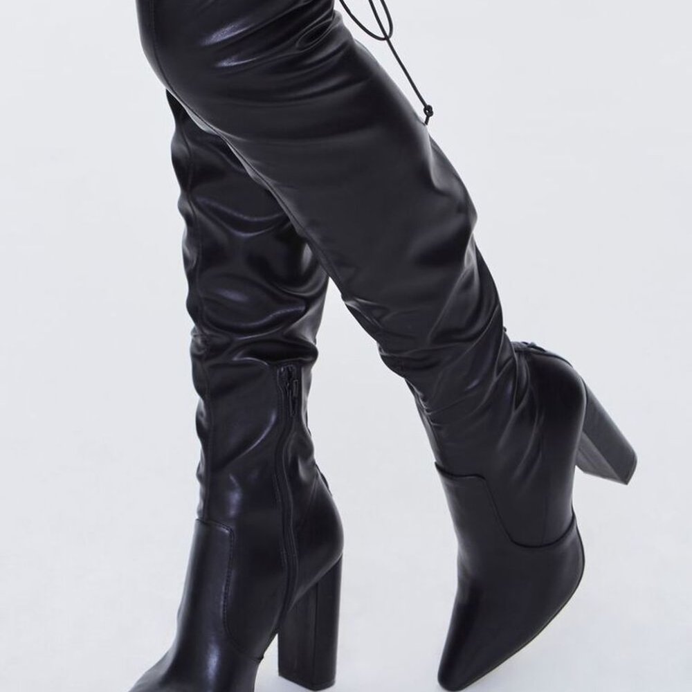 Faux Leather Thigh High Block Heel Boots